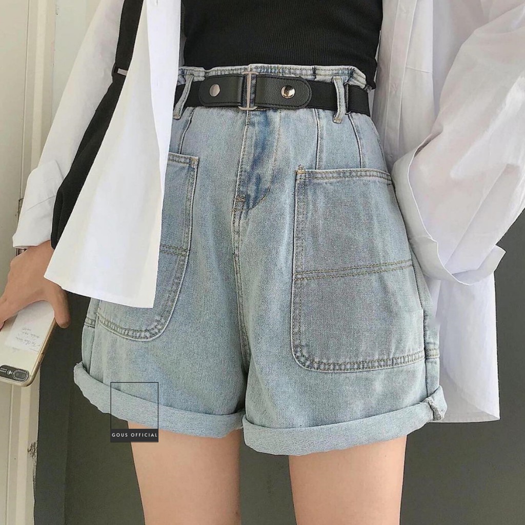 Quần Đùi JeanThắt Đai Màu Xanh Nhạt Quần Ngắn Nữ Túi Đắp Trước Lưng Cao Dễ Phối Đồ Phong Cách Ulzzang 2265