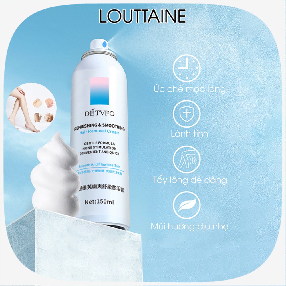Chai xịt tẩy lông DÉTVFO 150ML chai xịt bọt nano tẩy lông nách lông chân tay hiệu quả, lành tính không gây đau rát