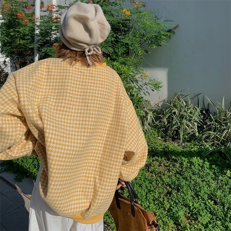 Áo sweater dài vừa họa tiết Houndstooth lót nhung thời trang thu đông phong cách cho nữ