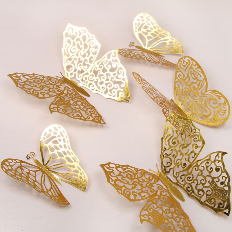 Set 12 Miếng Dán Tường Hình Bướm 3D Rỗng Màu Vàng/Bạc Trang Trí Phòng Khách/Đám Cưới
