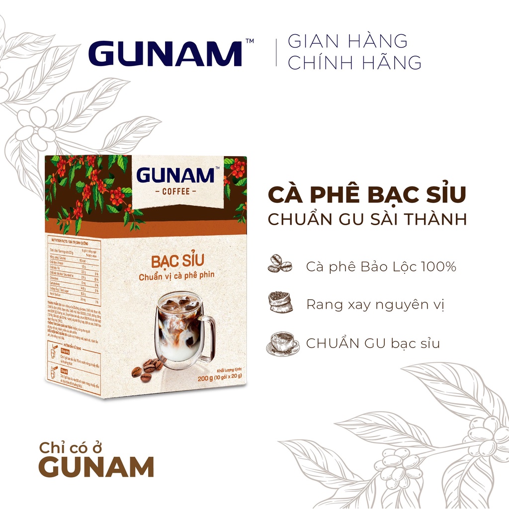 Combo Nguyên vị- cà phê hoà tan GUNAM bạc sỉu (10 gói x 20g) + cà phê hoà tan GUNAM đậm vị (10 gói x 20g)