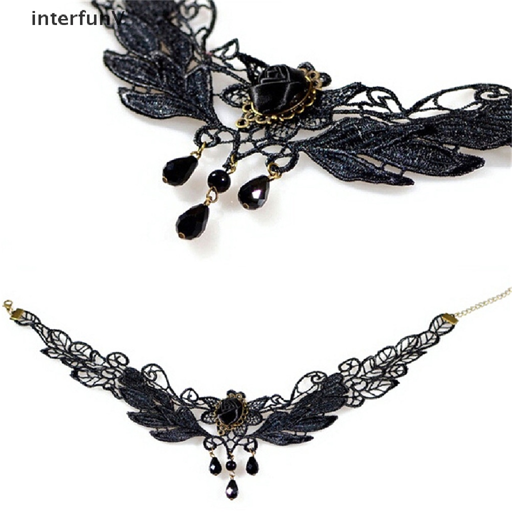 [InterfunV] Vòng Cổ Choker Ren Mặt Giọt Nước Mắt Đen Đính Hạt Phong Cách Lolita Mới Cho Nữ