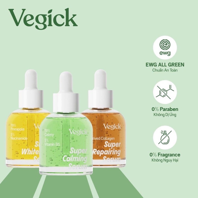 Tinh chất dưỡng da vegicks vegick dứa dưỡng trắng super whitening, cần tây phục hồi super calming và nhân sâm repairing