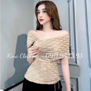 Áo kiểu nữ phối chéo bẹt vai chất thun xốp
