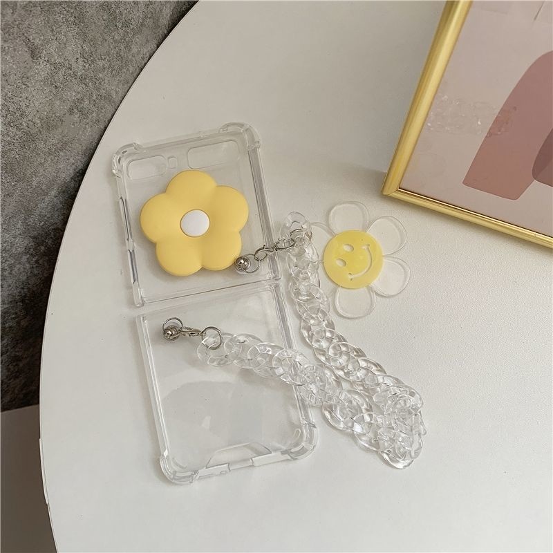 [HOTDEAL] Ốp điện thoại Samsung Z Flip3 / ZFlip3 / Z Flip4/ ZFlip4 trong suốt hoa vàng có dây xách (loại dây ngắn)