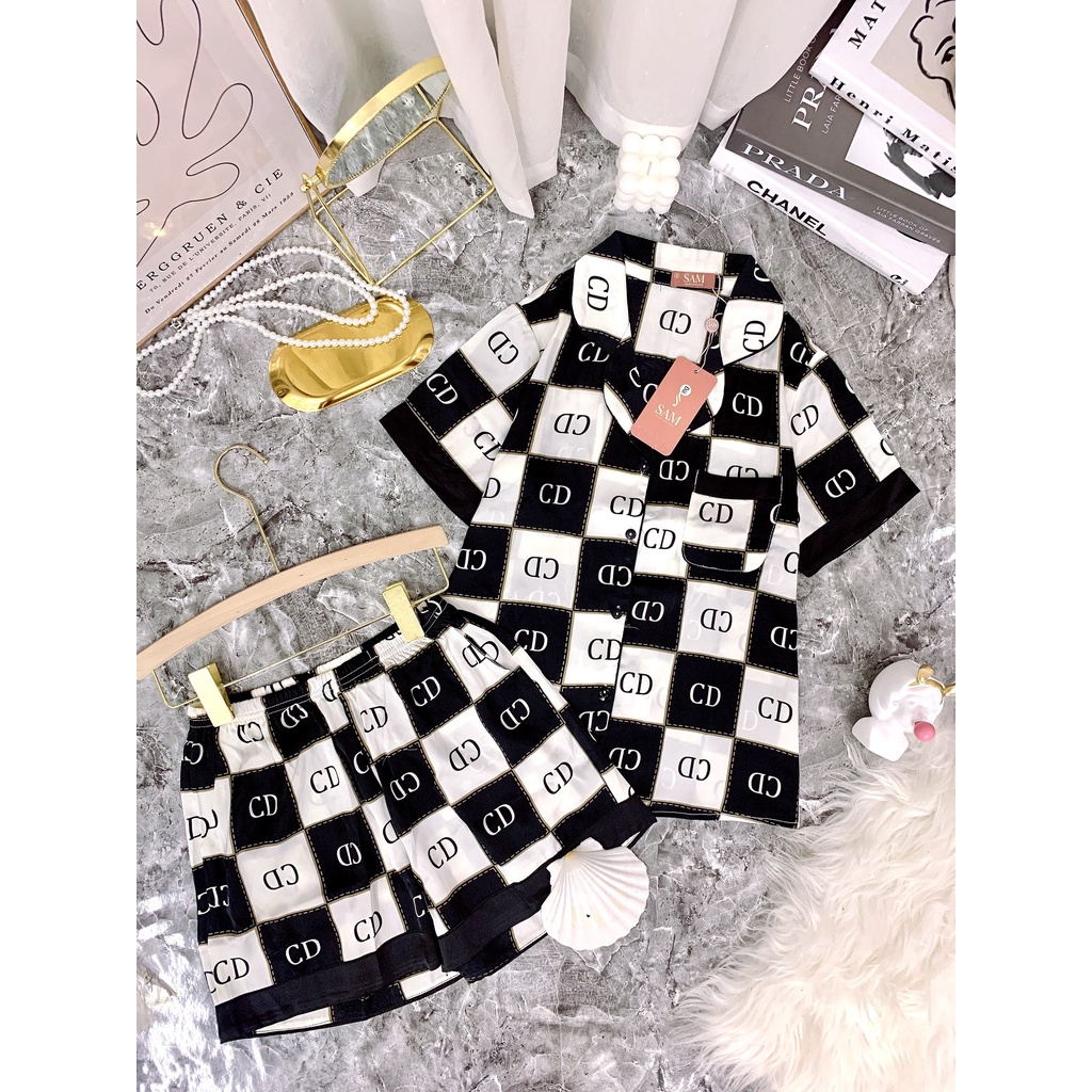Bộ đồ mặc nhà pijama Sam, set đồ lụa Satin mặc ngủ cho nữ thiết kế dáng áo cộc quần đùi thỏa mái họa tiết caro phối chữ