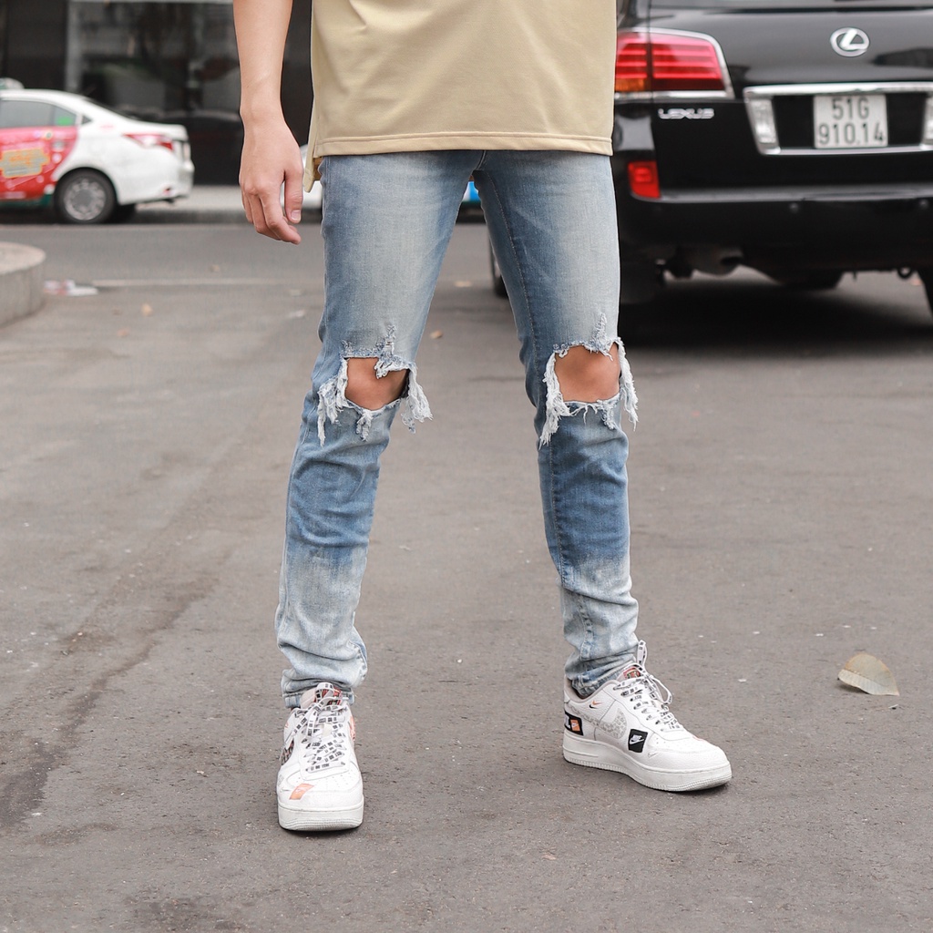 Quần Skinny Jeans Nam-Màu Xanh Phối Vệt Sơn Trắng-Rách Gối-Chất Liệu Cotton Co Giãn-Ống Đứng Dáng Ôm Chân Chuẩn Skinny