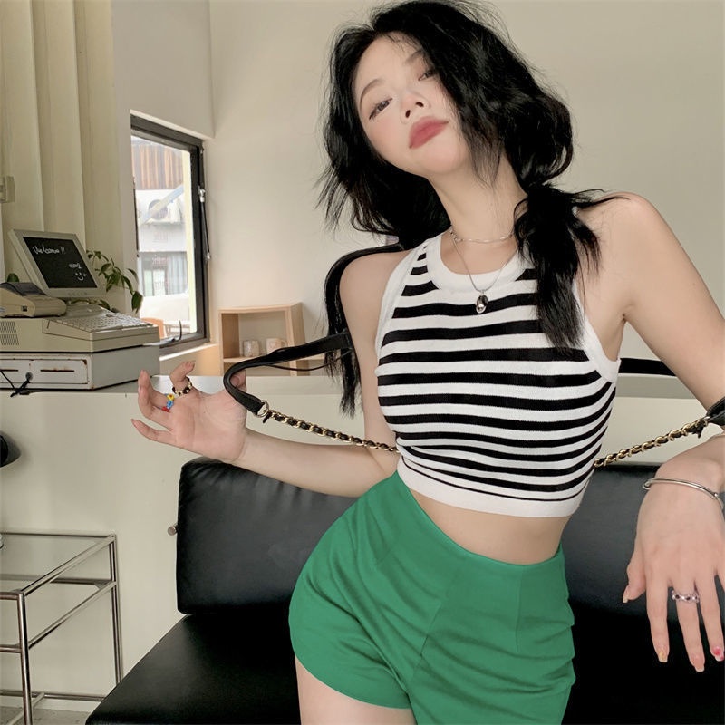 Áo Hai Dây Dáng Ngắn Họa Tiết Kẻ Sọc Màu Sắc Tương Phản Gợi Cảm Thời Trang Mùa Hè Mới Cho Nữ