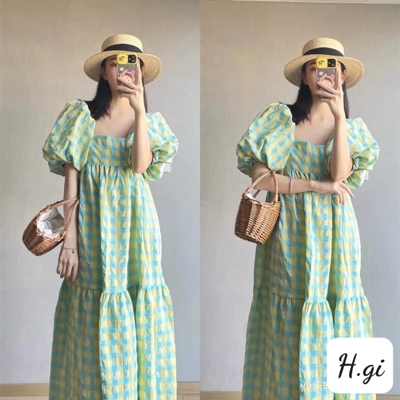 Váy maxi kẻ xanh tay bồng babydoll siêu xinh