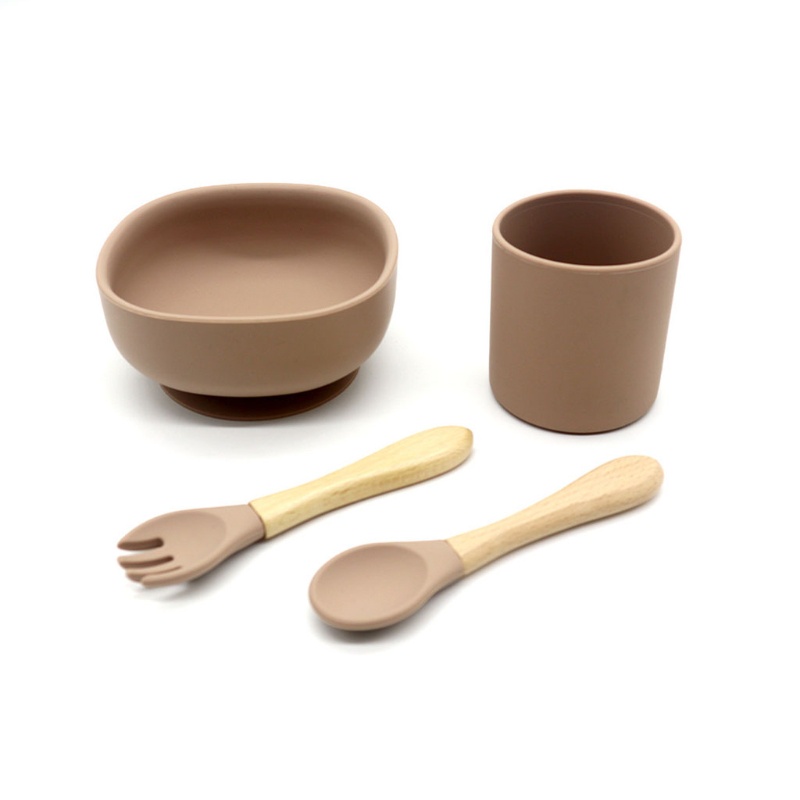 Bộ 4 Dụng Cụ Tập Ăn Gồm Muỗng / Nĩa / Cốc Hút Chất Liệu Silicone Cho Bé Sơ Sinh