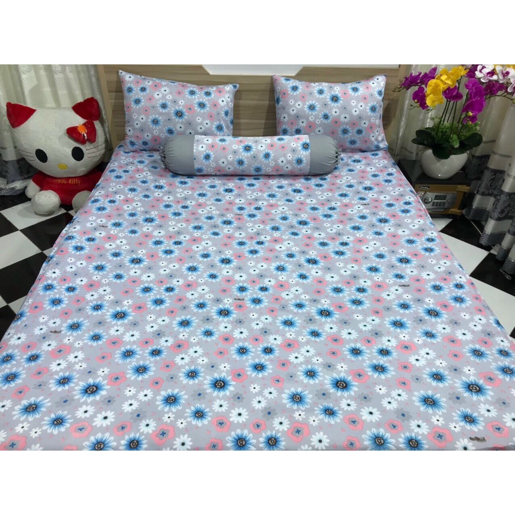 Drap thun Hàn Quốc 4 món mẫu họa tiết hoa mai nở rất đẹp, có may size theo yêu cầu