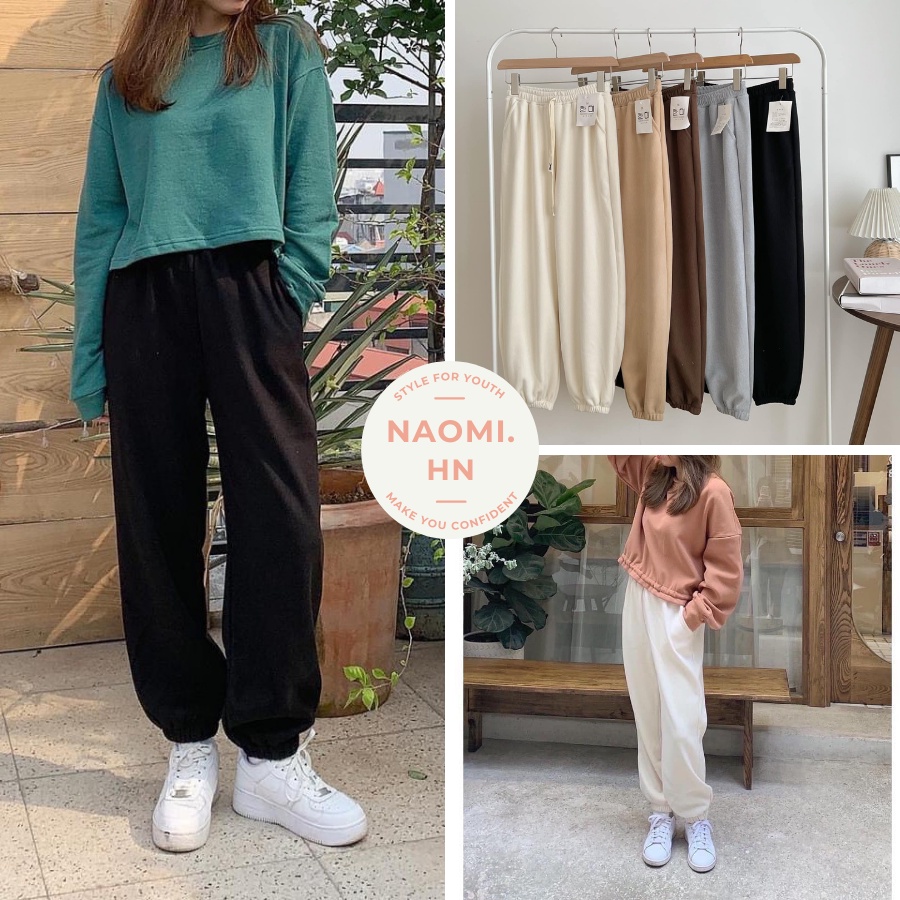 Quần nỉ jogger unisex ống rộng bo gấu nhung tăm mịn cá tính, Quần jogger ống rộng bo gấu chất nỉ nhung tăm dày dặn