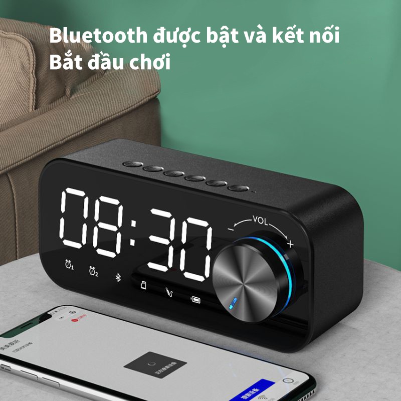 Loa Bluetooth loa mini đồng hồ điện tử để bàn mặt tráng gương âm thanh cực chất hỗ trợ thẻ TF báo thức-SUNHAI B126