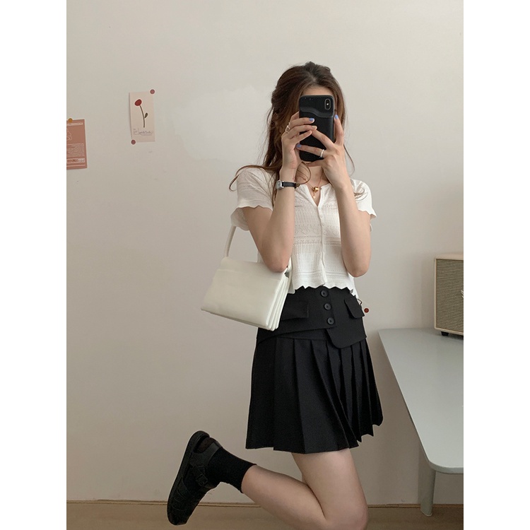 SUXI Áo dệt kim ngắn tay cổ chữ v thiết kế mới thời trang mùa hè dành cho nữ