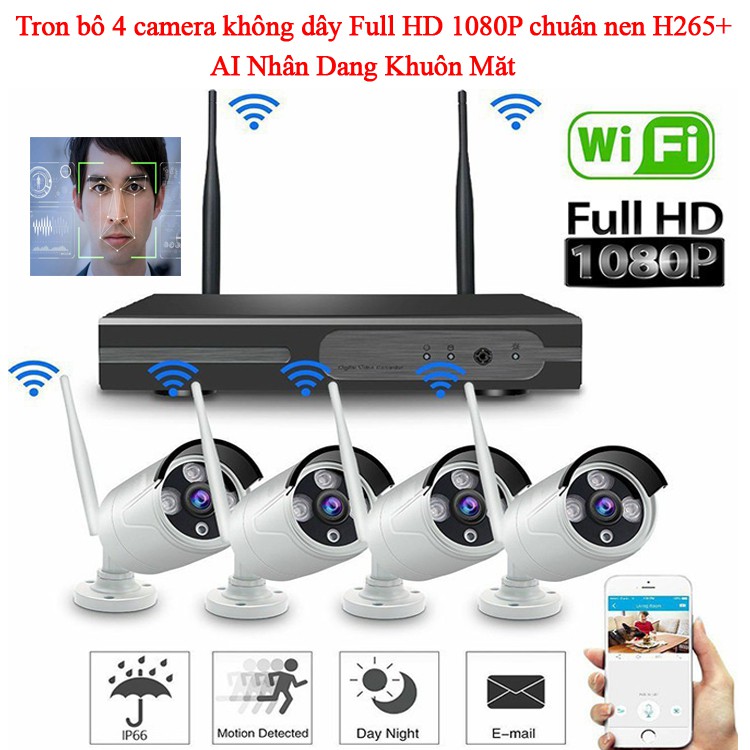 Trọn Bộ 4 Camera Không dây wifi NVR4200 Wifi Camera 2.0M Full HD 1080P đầy đủ phụ kiện- Nhận dạng khuôn mặt | WebRaoVat - webraovat.net.vn