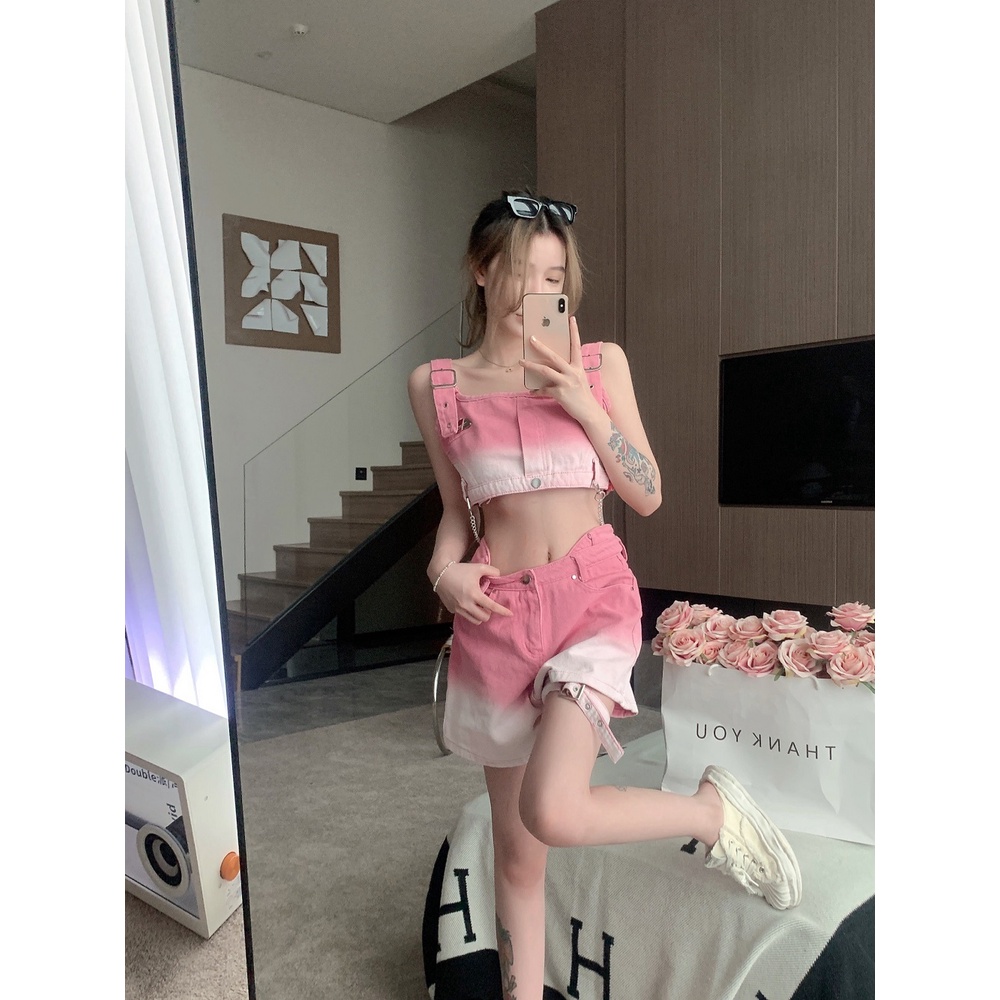 Set trang phục ZHELIHANGFEI gồm áo denim không tay và quần short lưng cao thời trang năng động cho nữ