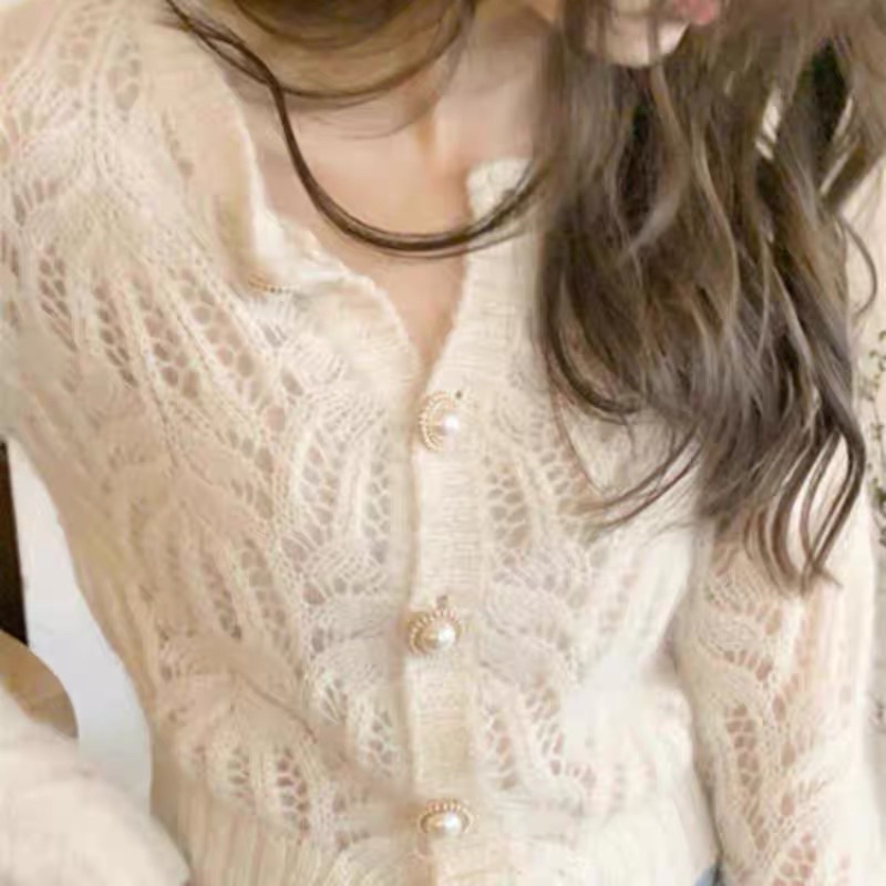 Áo khoác len màu trắng mẫu mới 2023, cardigan dệt kim mẫu mỏng có lỗ rộng rãi mẫu mùa xuân mohair kiểu Pháp