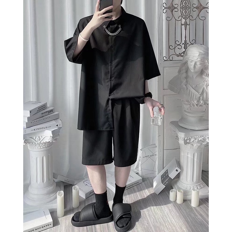 Áo Sơ Mi Ngắn Tay Dáng Rộng Chống Nhăn Phối Dây Xích Thời Trang Mùa Hè Hàn Quốc Hàng Mới Chính Hãng Dành Cho Nam