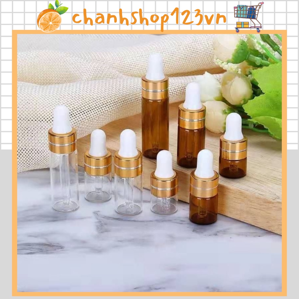Lọ chiết serum 3ml 5ml, lọ đựng tinh dầu, nước hoa có núm bóp nhỏ giọt khoen vàng thủy tinh - 10121