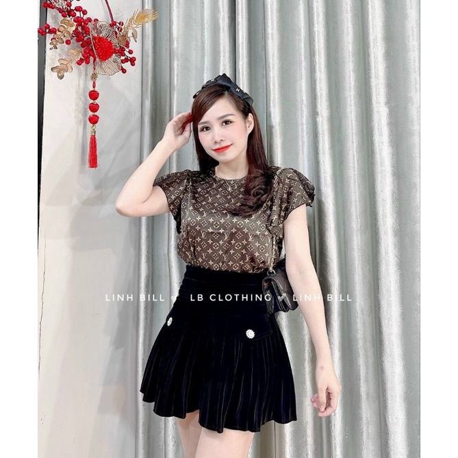 Áo somi họa tiết LV lụa tay cánh tiên_sơ mi kiểu nữ trẻ trung