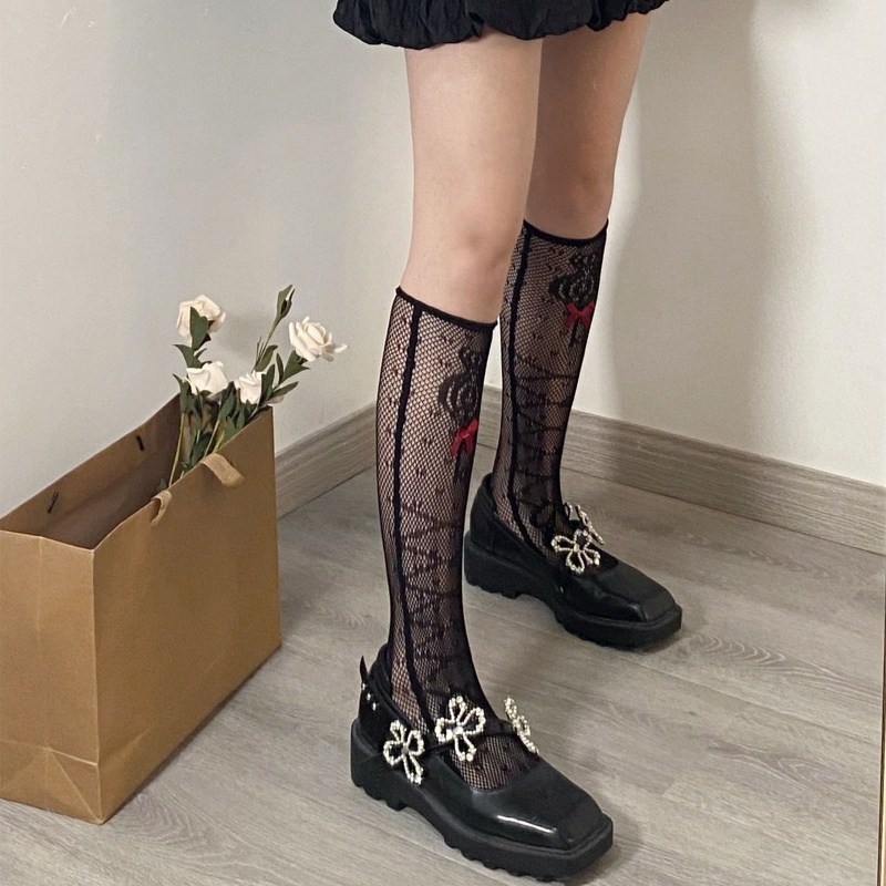 XIXI Tất Lưới Cao Qua Gối Đính Nơ Phong Cách Lolita Cho Nữ