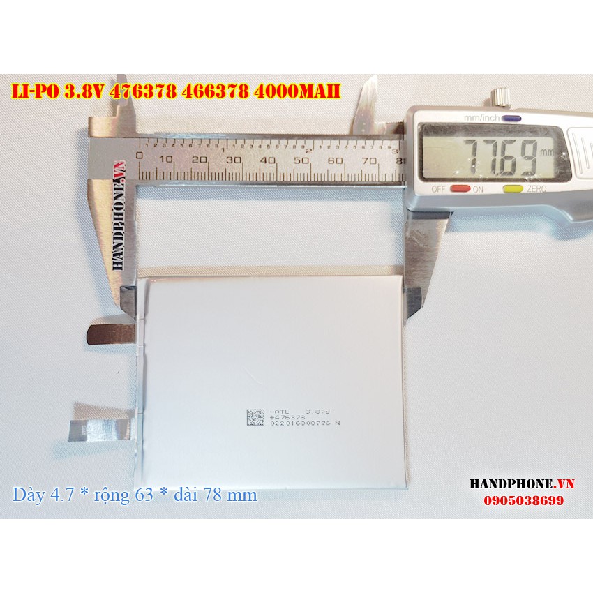 Pin Li-Po 3.8V 4000mAh 476378 466378 (Lithium Polymer) cho Laptop, điện thoại, loa Bluetooth, định vị GPS