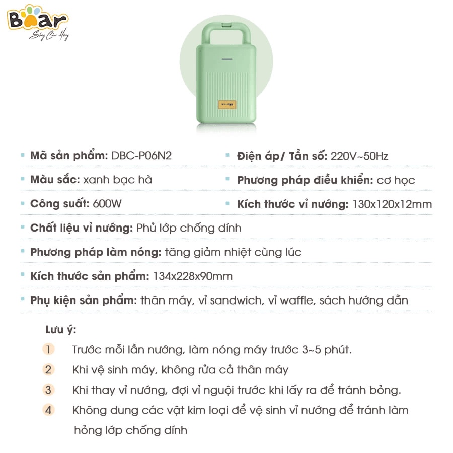 Máy kẹp nướng bánh Bear DBC-P06N2 - Bản Quốc Tế - Hàng chính hãng bảo hành 18 tháng nhỏ gọn tiện lợi dễ vệ sinh