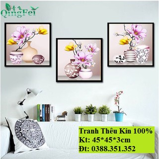 Tranh thêu chữ thập Bộ hoa 3 bức 45*45*3cm (3 tấm rời)