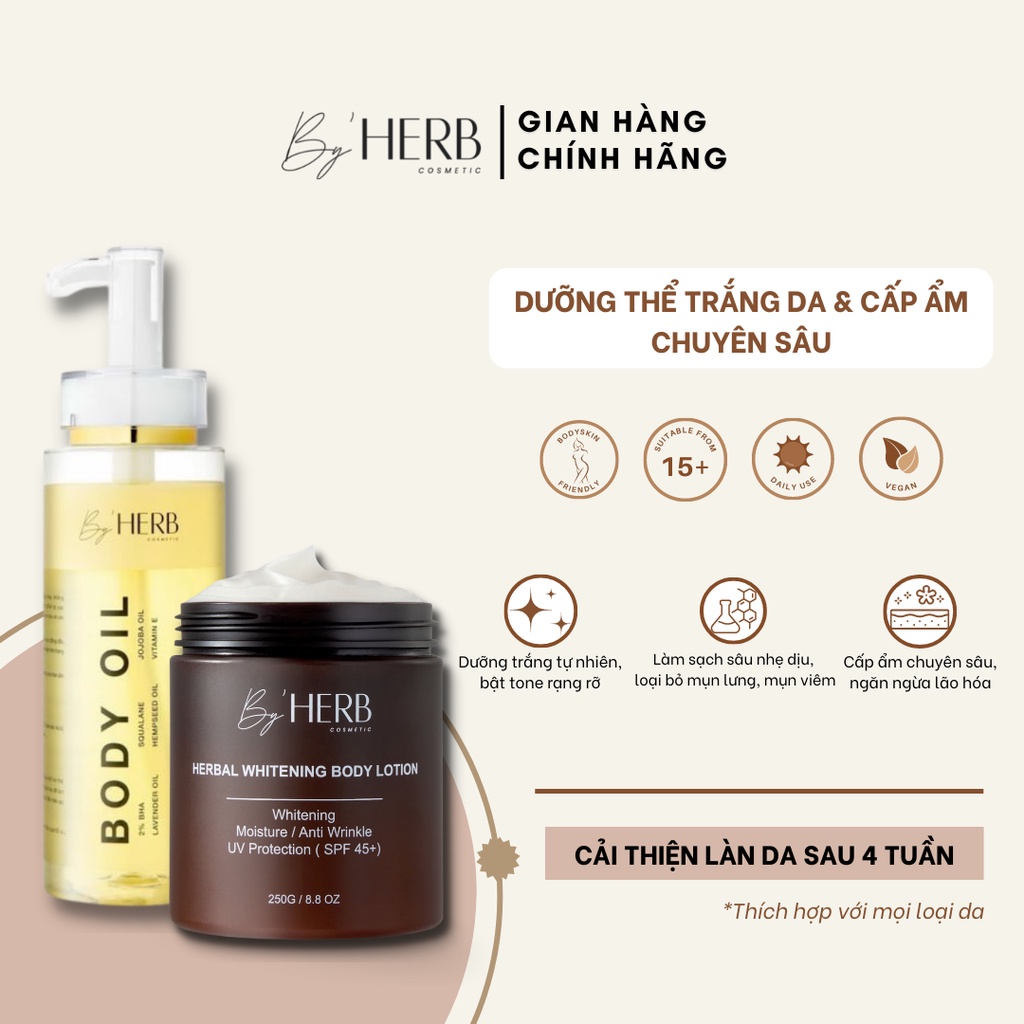 Combo Dưỡng Trắng Da Body Herbal Whitening Body Lotion 250g và Dầu Dưỡng Da Body Oil Bha By'HERB 250ml