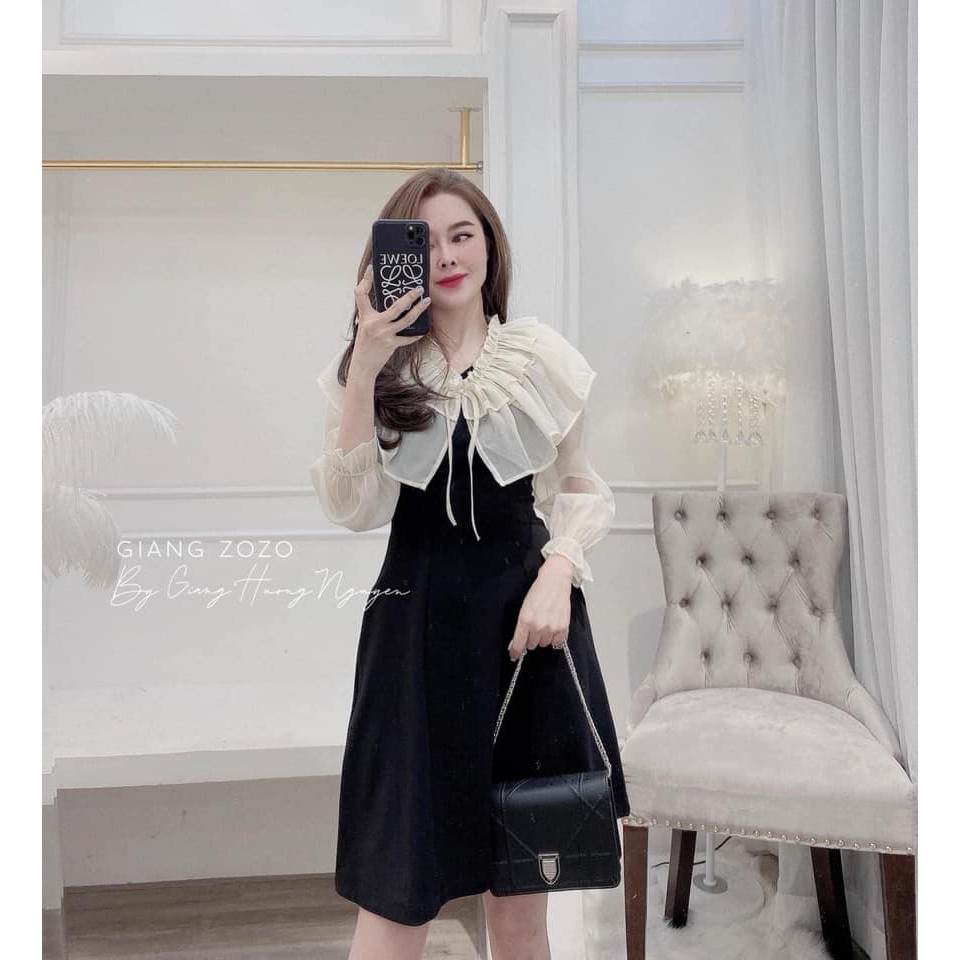 Váy nhung cổ bèo tay bồng. Chất nhung 2 da loại 1 dày đẹp.