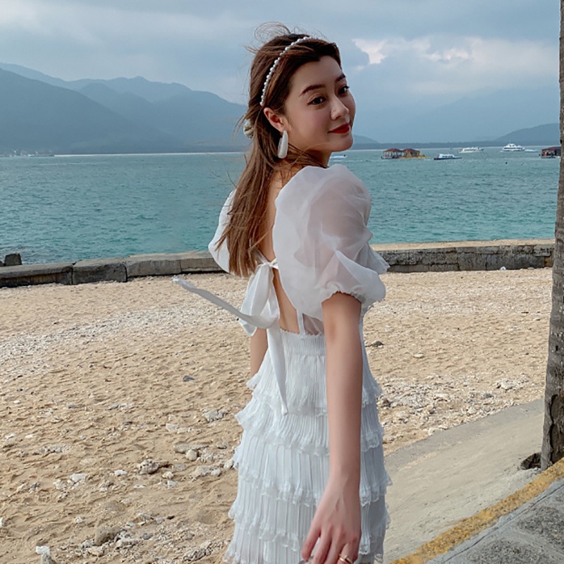 IELGYĐầm Ngắn Dáng Ôm Hở Lưng Phối Lưới Màu Trắng Thời Trang Cho Nữ