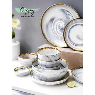 Bộ bát đĩa ăn vân marble viền gold phong cách Bắc Âu - Gippy Decor