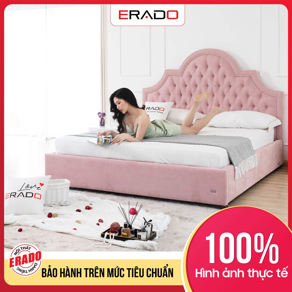 Giường ngủ vải tân cổ điển màu hồng 1m8 x 2m có bảo hành, mẫu giường ngủ thiết kế độc quyền mã AT3