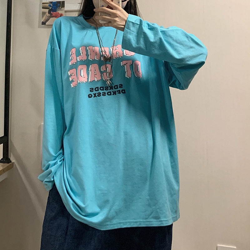 NRVP Áo Thun 100% Cotton Tay Dài Dáng Rộng In Họa Tiết Phong Cách Hàn Quốc Cho Nữ