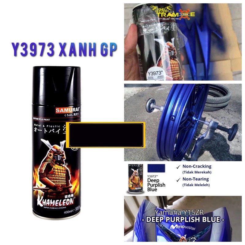 Sơn Samurai màu xanh GP, xanh tím đậm Y3973 chính hãng, sơn xịt phủ dàn áo xe máy chịu nhiệt, chống nứt nẻ, kháng xăng