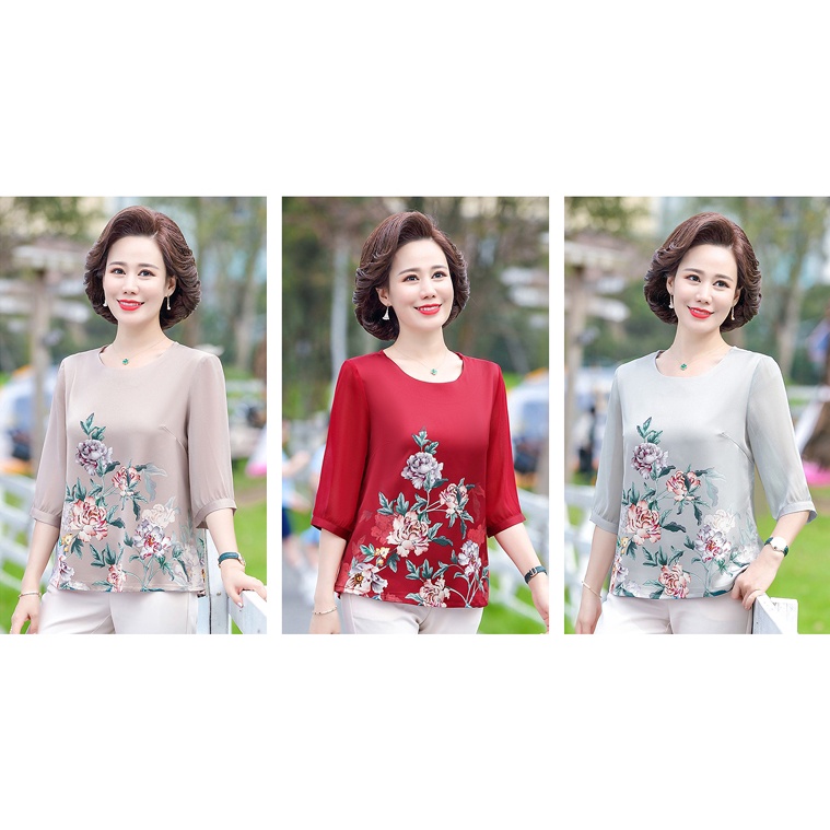 [V'vie Ladies][Cao cấp] Áo nữ trung niên voan phi lụa 3 màu hàng Quảng Châu loại 1 - Thời trang trung niên nữ cao cấp