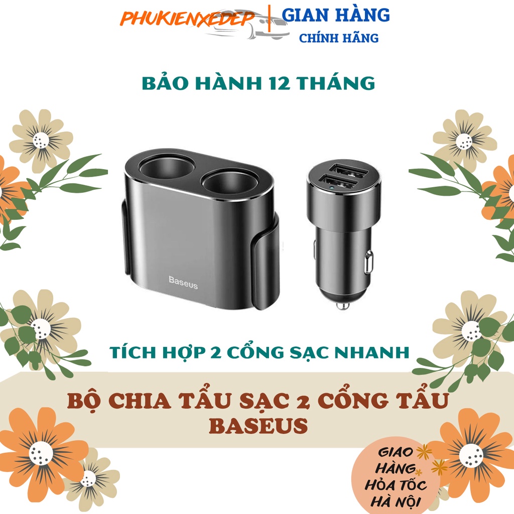 Bộ chia tẩu sạc ⚡CAO CẤP⚡ ô tô 2 USB tích hợp 2 cổng tẩu của Baseus - Chất liệu Hợp Kim Nhôm - Bảo hành 01 năm