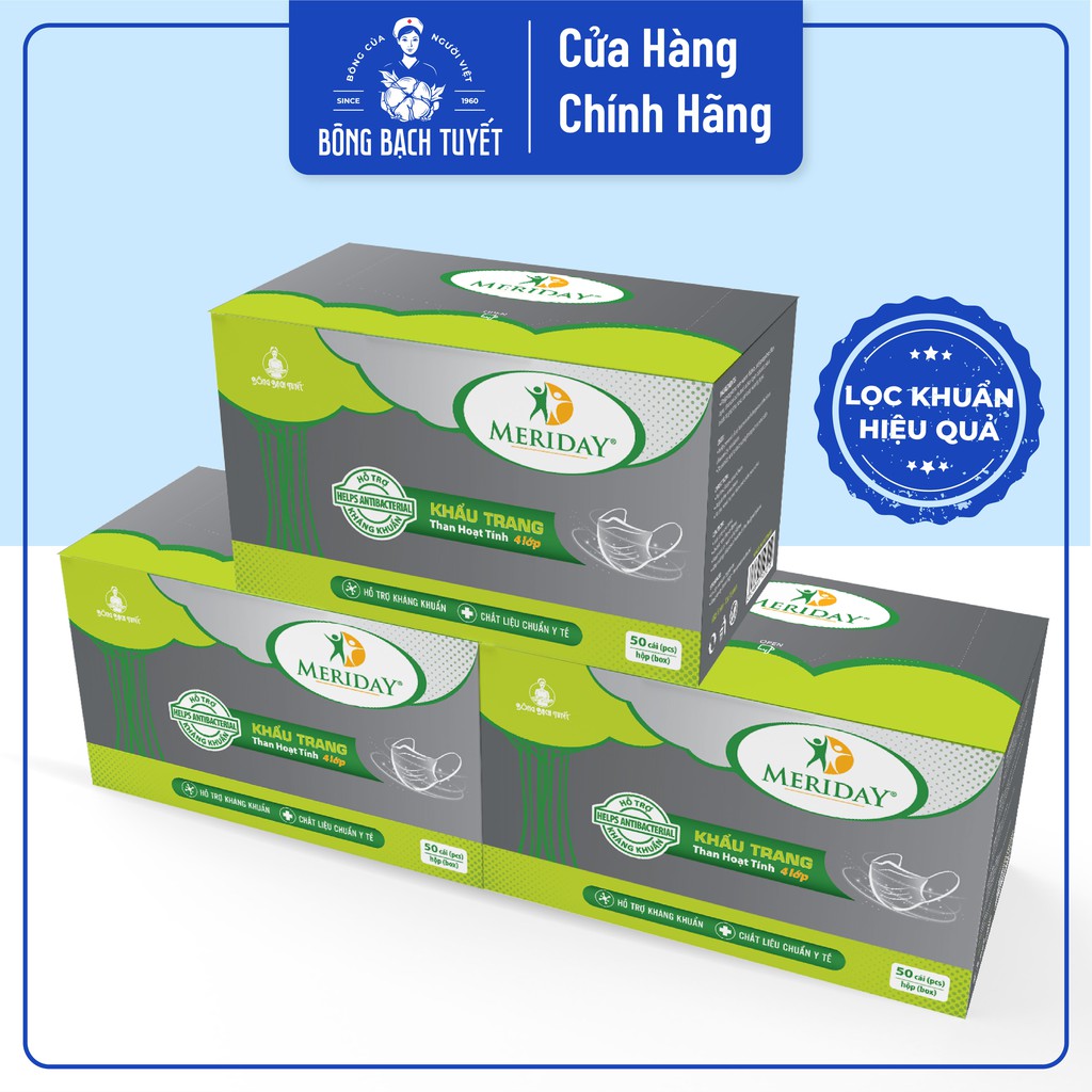 Combo 3 Hộp khẩu trang y tế than hoạt tính 4 lớp Meriday Bông Bạch Tuyết kháng khuẩn cao cấp màu xám - Hộp 50 cái | BigBuy360 - bigbuy360.vn