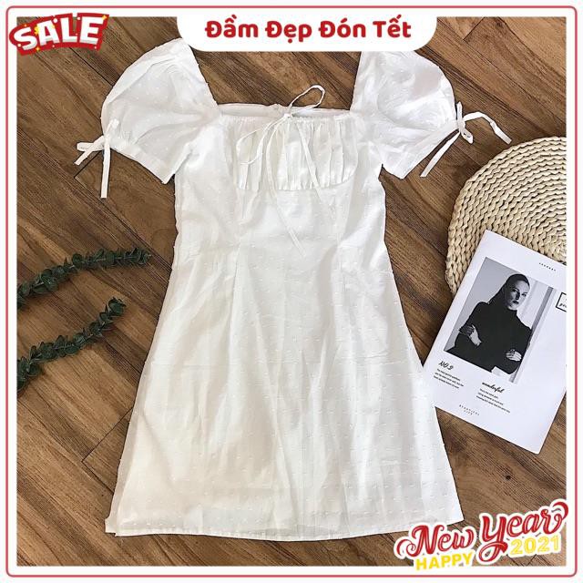 Đầm Trắng Owen Dress váy xinh chất vải kate kèm lớp lót dày dặn tay bèo có dây thắt cột nơ kèm ảnh trải sàn | BigBuy360 - bigbuy360.vn
