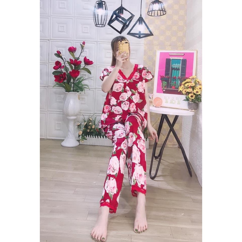 Pizama satin lụa cổ tim