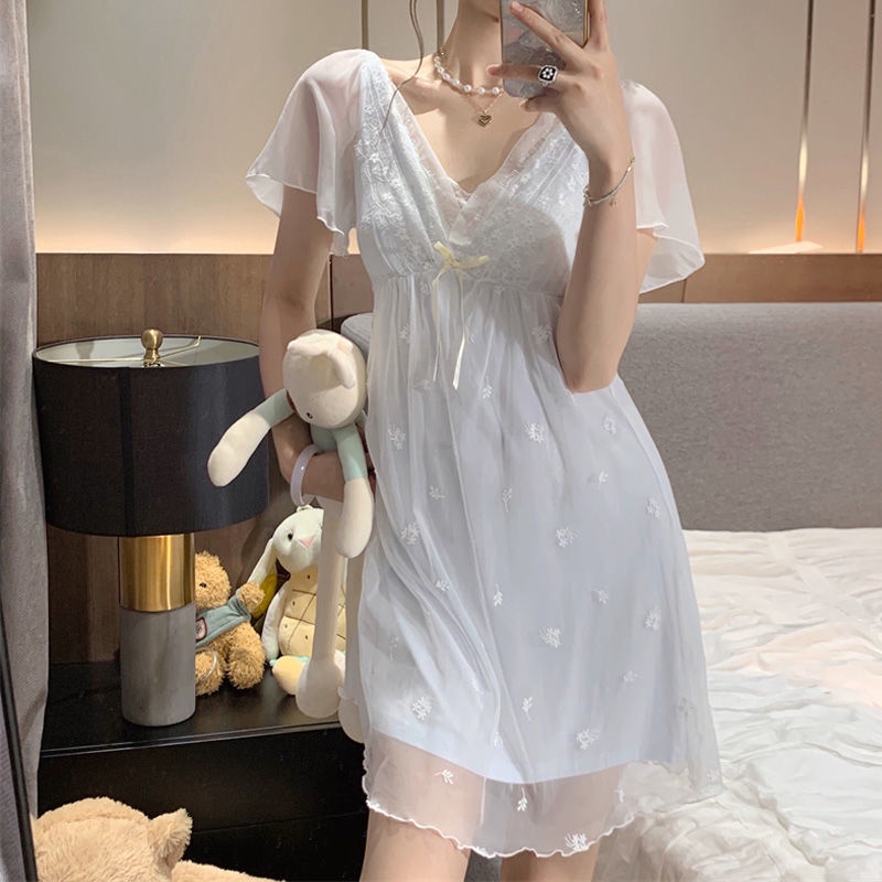 Đồ ngủ Tay Ngắn Cổ Chữ V Phối Ren Lưới Thêu Họa Tiết Thời Trang Mùa Hè 2022 Mới