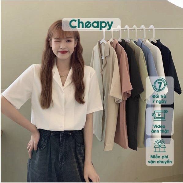 Áo sơ mi tay ngắn cổ vest nữ form rộng đẹp freesize hàn quốc trắng đen kem xanh hồng vintage học sinh công sở hàn quốc