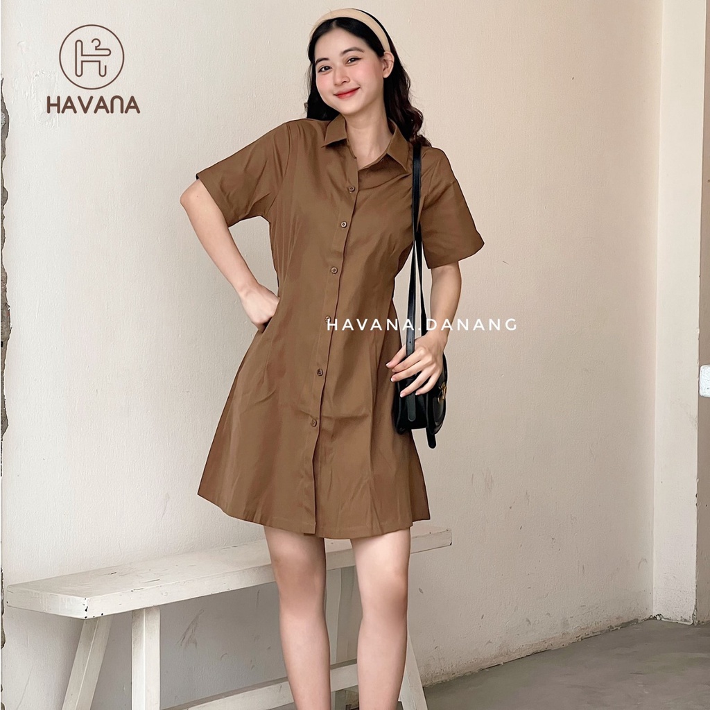 Váy sơ mi cộc tay, sơ mi khuy gỗ eo chun co giãn, váy thanh lịch form xòe AE167