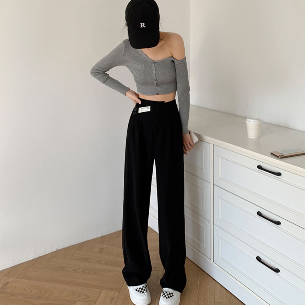 Quần dài SUXI ống rộng lưng cao màu trơn thanh lịch cho nữ