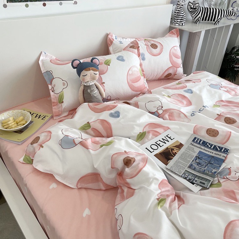 Bộ chăn ga gối Hàn quốc cotton poly - Mẫu đào hồng nhạt. Drap Giường Đủ Kích Thước Trải Nệm 1m, 1m2, 1m4, 1m6, 1m8, 2m2
