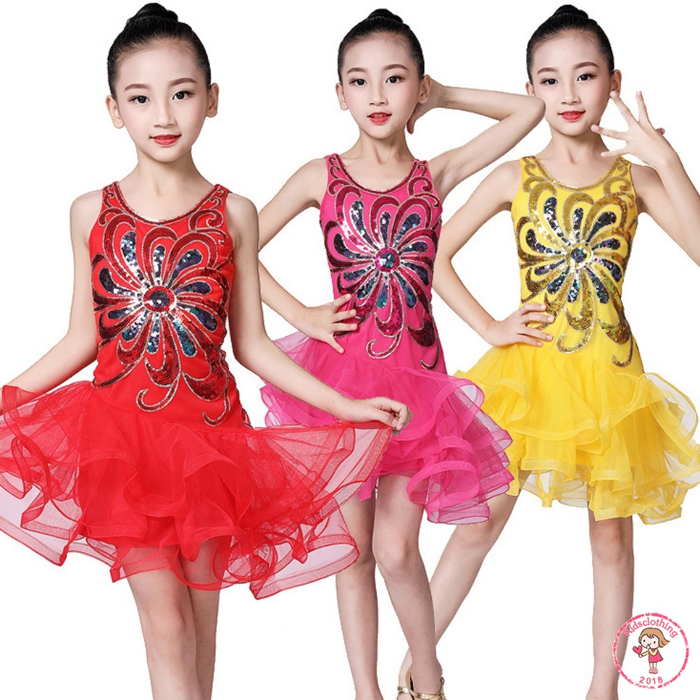 Mới Bộ Trang Phục Nhảy Điệu Latin Phối Lưới Đính Kim Sa Cho Bé Gái