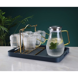(SẴN) Bộ bình cốc vân sọc kim cương (1 bình 6 cốc, giá úp + khay gỗ xanh) - Bình ly Thủy tinh chịu nhiệt k chì