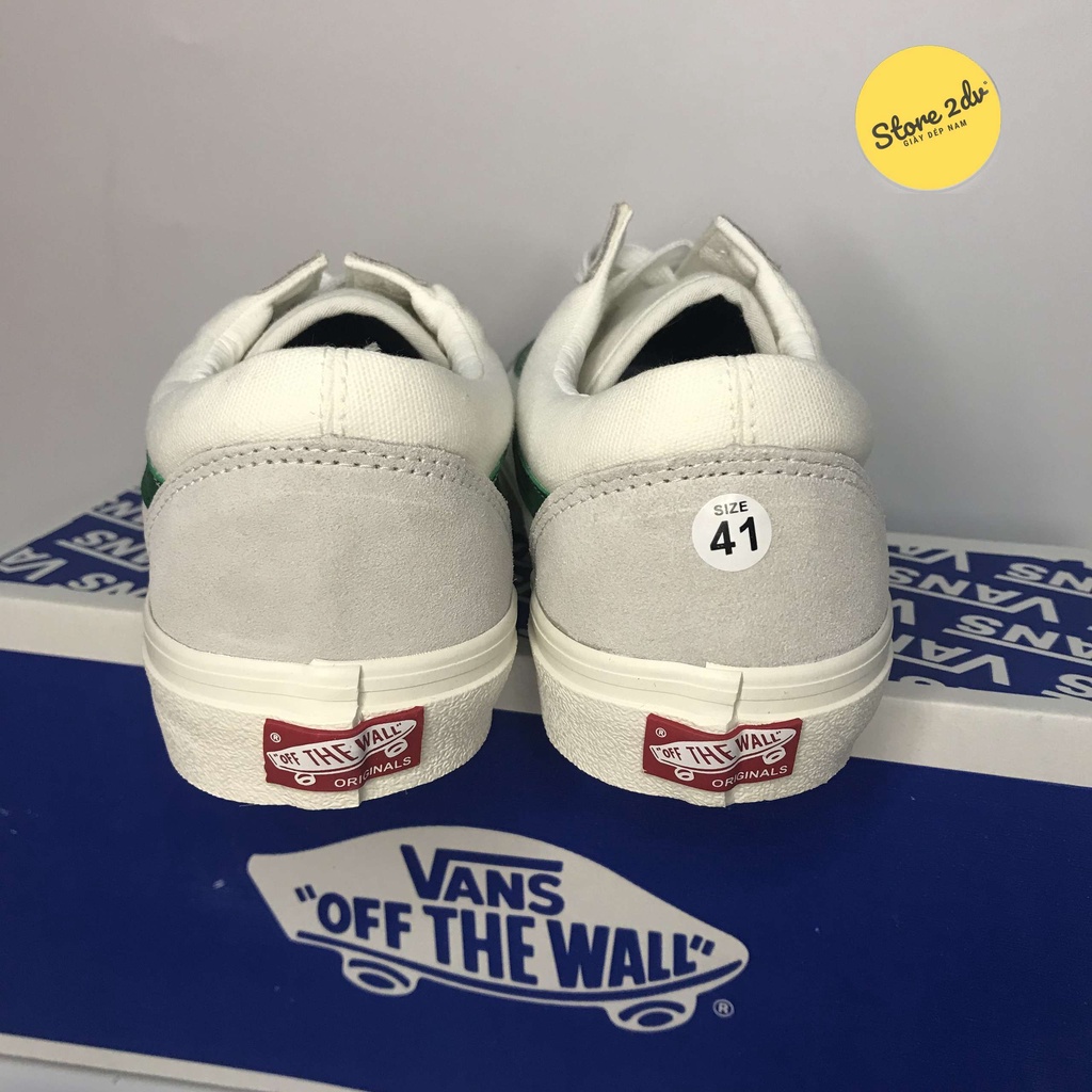 [Tặng Kèm Hộp + Vớ Xinh]Giày Sneaker Nam Vans Old Skool Trắng Viền Xanh Lá Da Lộn Giày Vans Style 36