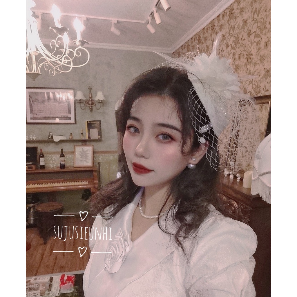 ( CÓ VIDEO) Mũ đội đầu đính hoa và lông vũ có kèm mạng che nửa mặt , kẹp tóc cho cô dâu