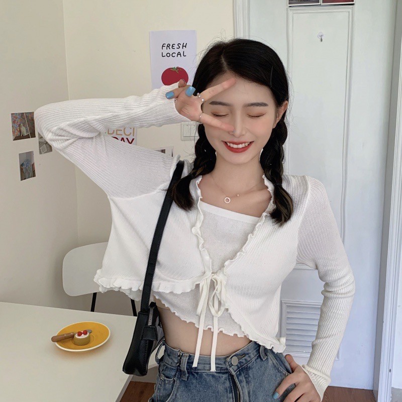 [CÓ SẴN+ẢNH THẬT] Áo croptop nữ len gân thắt nơ tay dài 2021 | BigBuy360 - bigbuy360.vn